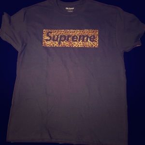 Cheetah print logo, black shirt supreme inspired
